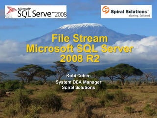 File Stream
Microsoft SQL Server
       2008 R2
          Kobi Cohen
     System DBA Manager
       Spiral Solutions
 