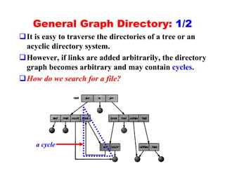 General Graph Directory: 1/2
qIt is easy to traverse the directories of a tree or an
 acyclic directory system.
qHowever, if links are added arbitrarily, the directory
 graph becomes arbitrary and may contain cycles.
qHow do we search for a file?




     a cycle
 