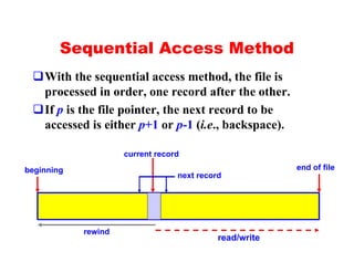 Sequential Access Method
 qWith the sequential access method, the file is
  processed in order, one record after the other.
 qIf p is the file pointer, the next record to be
  accessed is either p+1 or p-1 (i.e., backspace).

                     current record

beginning                                                end of file
                                  next record




            rewind
                                            read/write
 