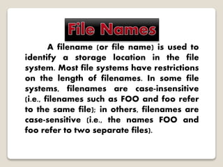 A filename (or file name) is used to
identify a storage location in the file
system. Most file systems have restrictions
on the length of filenames. In some file
systems, filenames are case-insensitive
(i.e., filenames such as FOO and foo refer
to the same file); in others, filenames are
case-sensitive (i.e., the names FOO and
foo refer to two separate files).
 