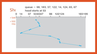 Shortest SeekTime First
• Selects the request with the minimum seek time from the current head position.
• SSSTF scheduling is a form of SJF scheduling may cause starvation of some
requests.
 