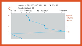C-SCAN
• The head moves from one end of the disk to the other, servicing requests
as it goes.When it reaches the other end, however, it immediately returns
to the beginning of the disk, without servicing any requests on the return
trip.
• Treats the cylinders as a circular list that wraps around from the last
cylinder to the first one.
• Provides a more uniform wait time than SCAN; it treats all cylinders in
the same manner.
 