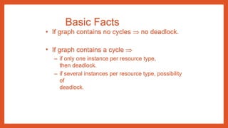 Basic Facts
• If graph contains no cycles  no deadlock.
• If graph contains a cycle 
– if only one instance per resource type,
then deadlock.
– if several instances per resource type, possibility
of
deadlock.
 