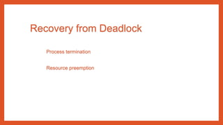 Recovery from Deadlock
Process termination
Resource preemption
 