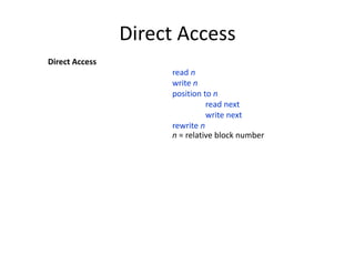 Direct Access
Direct Access
read n
write n
position to n
read next
write next
rewrite n
n = relative block number
 