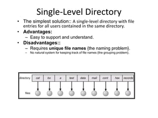 Single-Level Directory
• The simplest solution:: A single-level directory with file
entries for all users contained in the same directory.
• Advantages:
– Easy to support and understand.
• Disadvantages::
– Requires unique file names {the naming problem}.
– No natural system for keeping track of file names {the grouping problem}.
 
