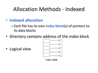Allocation Methods - Indexed
• Indexed allocation
– Each file has its own index block(s) of pointers to
its data blocks
• Directory contains address of the index block
• Logical view
index table
 