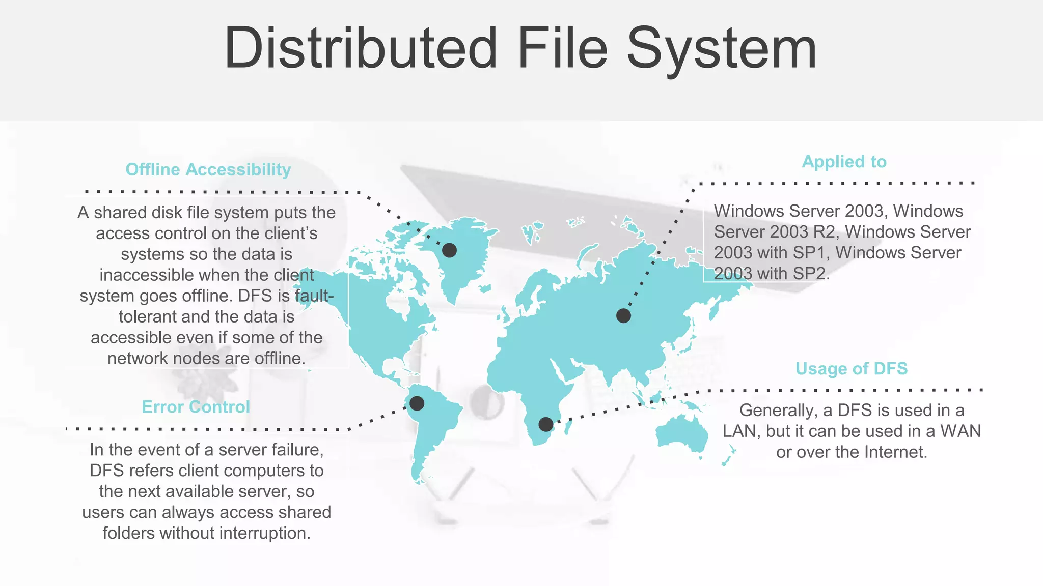 In the event of a server failure,
DFS refers client computers to
the next available server, so
users can always access shared
folders without interruption.
Error Control
Windows Server 2003, Windows
Server 2003 R2, Windows Server
2003 with SP1, Windows Server
2003 with SP2.
Applied to
A shared disk file system puts the
access control on the client’s
systems so the data is
inaccessible when the client
system goes offline. DFS is fault-
tolerant and the data is
accessible even if some of the
network nodes are offline.
Offline Accessibility
Generally, a DFS is used in a
LAN, but it can be used in a WAN
or over the Internet.
Usage of DFS
Distributed File System
 