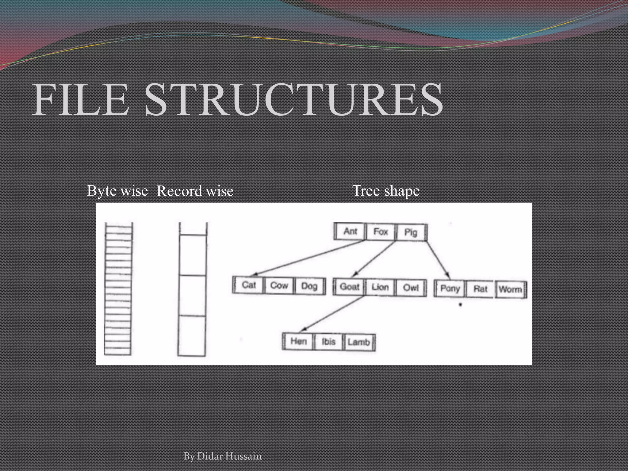 FILE STRUCTURES
Byte wise Record wise Tree shape
By Didar Hussain
 