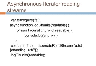 Asynchronous Iterator reading
streams
var fs=require('fs');
async function logChunks(readable) {
for await (const chunk of...