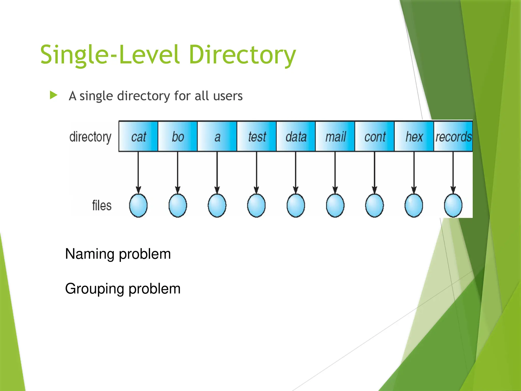 Single-Level Directory
 A single directory for all users
Naming problem
Grouping problem
 