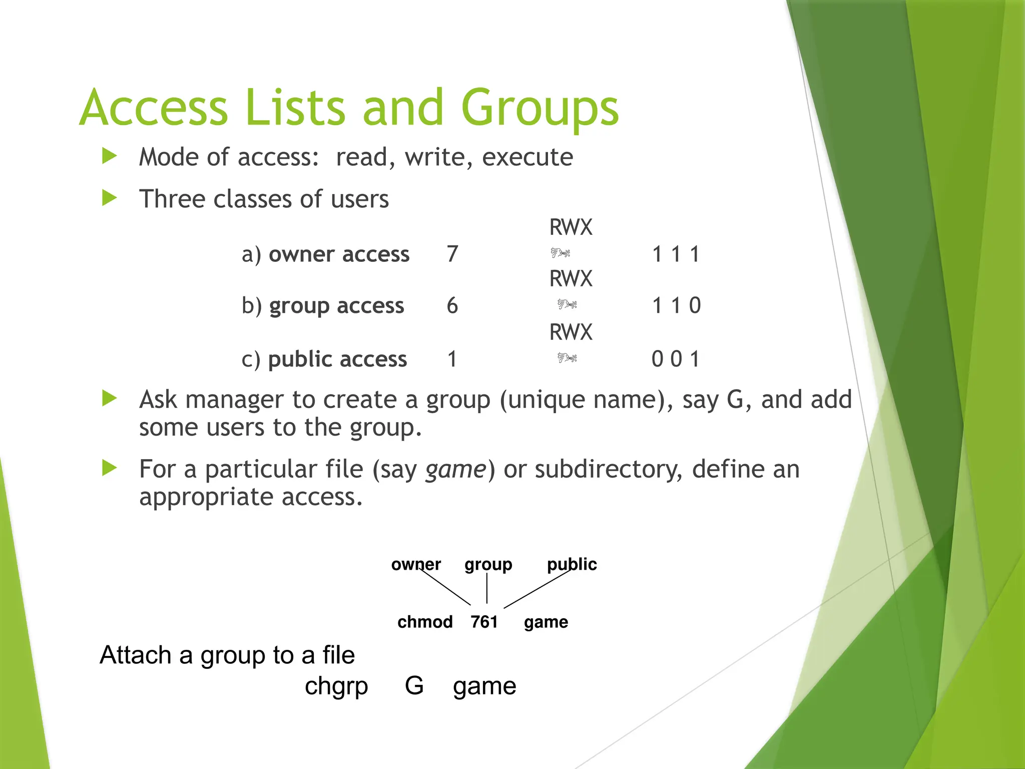 Access Lists and Groups
 Mode of access: read, write, execute
 Three classes of users
RWX
a) owner access 7  1 1 1
RWX
b) group access 6  1 1 0
RWX
c) public access 1  0 0 1
 Ask manager to create a group (unique name), say G, and add
some users to the group.
 For a particular file (say game) or subdirectory, define an
appropriate access.
owner group public
chmod 761 game
Attach a group to a file
chgrp G game
 