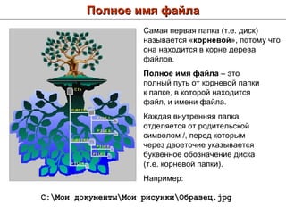 Полное имя файла Самая первая папка (т.е. диск) называется « корневой », потому что она находится в корне дерева файлов. Полное имя файла  – это полный путь от корневой папки к папке, в которой находится файл, и имени файла.  Каждая внутренняя папка отделяется от родительской символом  / , перед которым через двоеточие указывается буквенное обозначение диска (т.е. корневой папки).   Например: C:\ Мои документы\Мои рисунки\Образец. jpg 