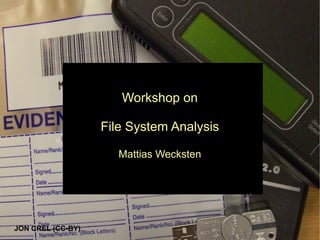 Workshop on
File System Analysis
Mattias Wecksten
JON CREL (CC-BY)
 