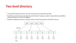 Two-level directory
•
In the two-level directory structure, each user has there own user files directory (UFD).
• The UFDs has similar structures, but each lists only the files of a single user. system’s master file directory (MFD) is
searches whenever a new user id=s logged in.
• The MFD is indexed by username or account number, and each entry points to the UFD for that user.
 