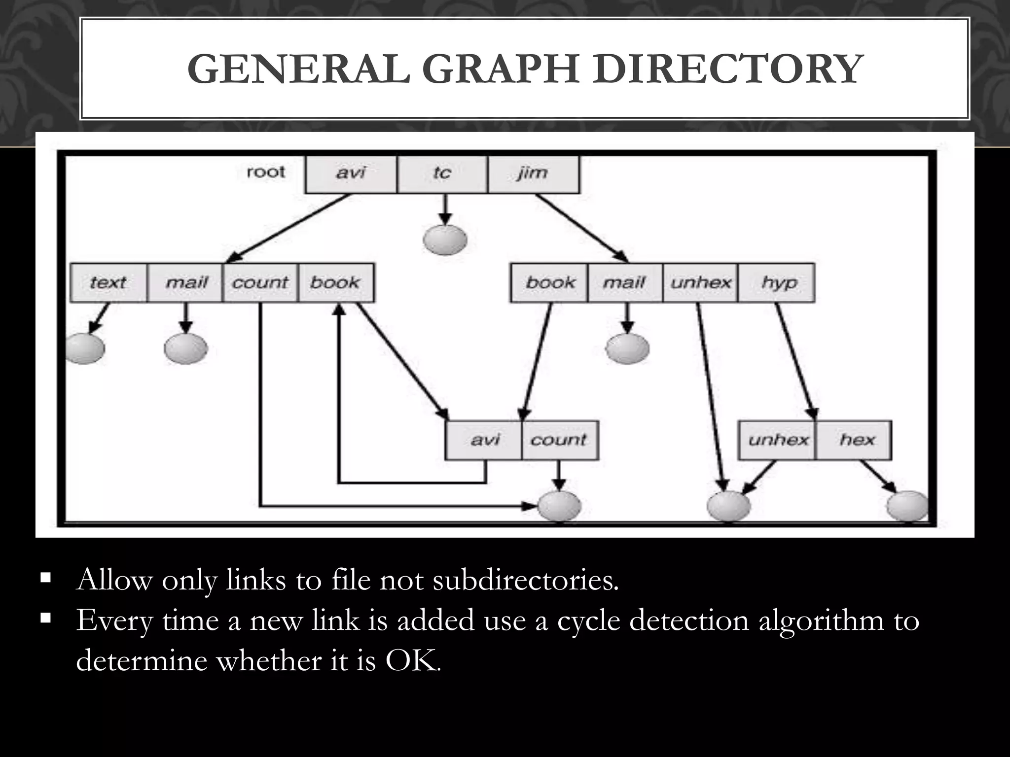 GENERAL GRAPH DIRECTORY
 Allow only links to file not subdirectories.
 Every time a new link is added use a cycle detection algorithm to
determine whether it is OK.
 