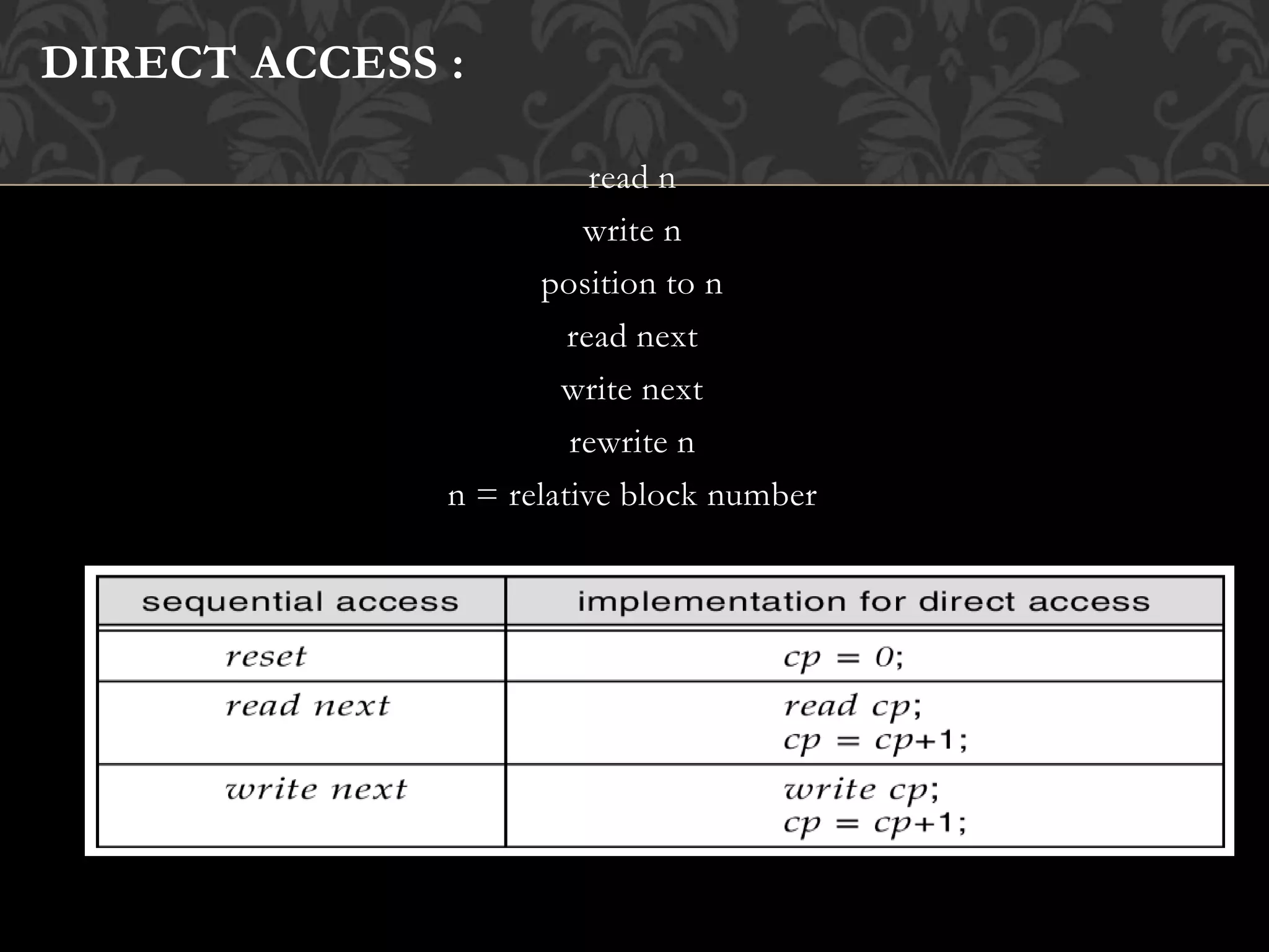 DIRECT ACCESS :
read n
write n
position to n
read next
write next
rewrite n
n = relative block number
 