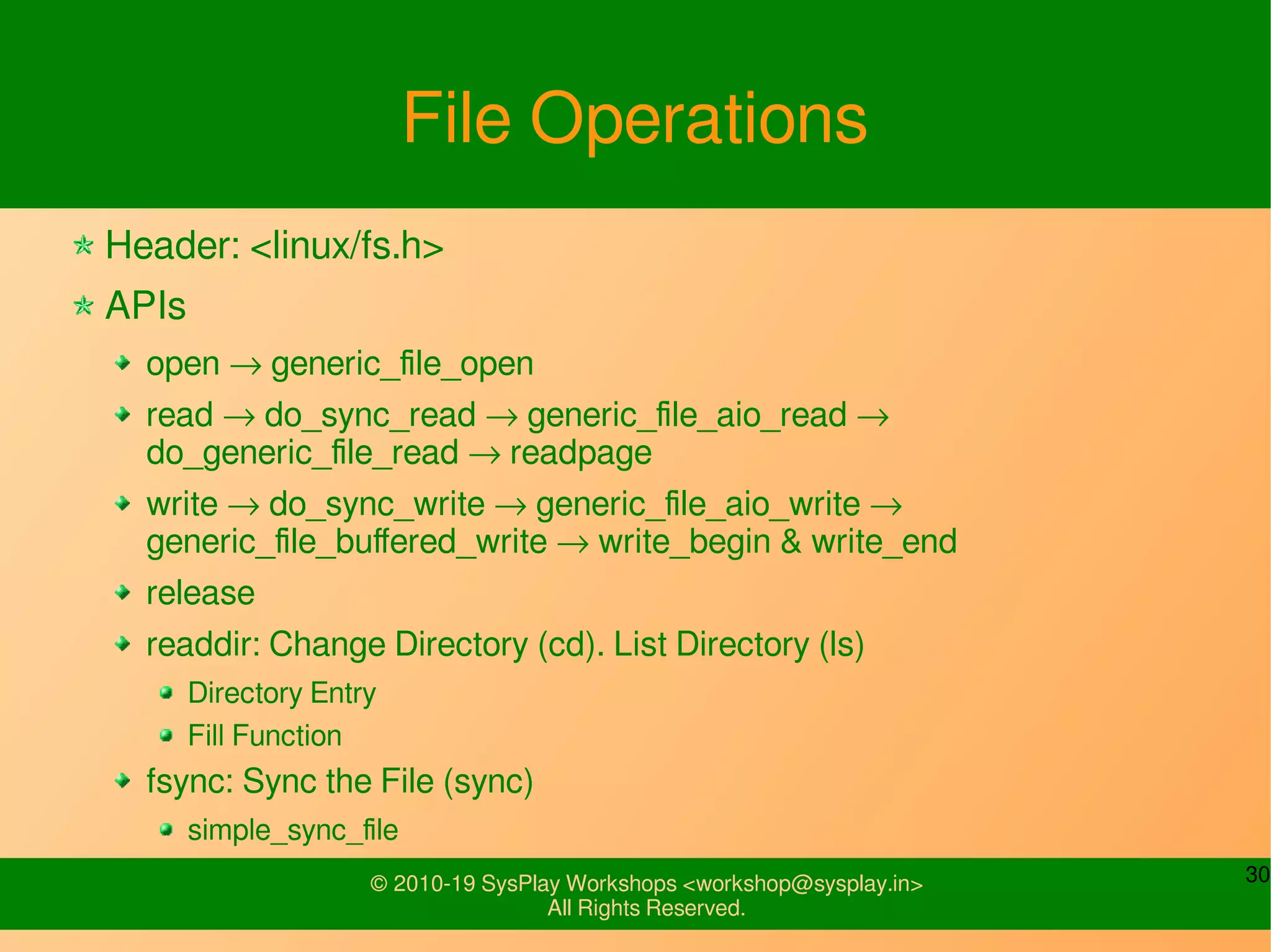 30© 2010-19 SysPlay Workshops <workshop@sysplay.in>
All Rights Reserved.
File Operations
Header: <linux/fs.h>
APIs
open → generic_file_open
read → do_sync_read → generic_file_aio_read →
do_generic_file_read → readpage
write → do_sync_write → generic_file_aio_write →
generic_file_buffered_write → write_begin & write_end
release
readdir: Change Directory (cd). List Directory (ls)
Directory Entry
Fill Function
fsync: Sync the File (sync)
simple_sync_file
 