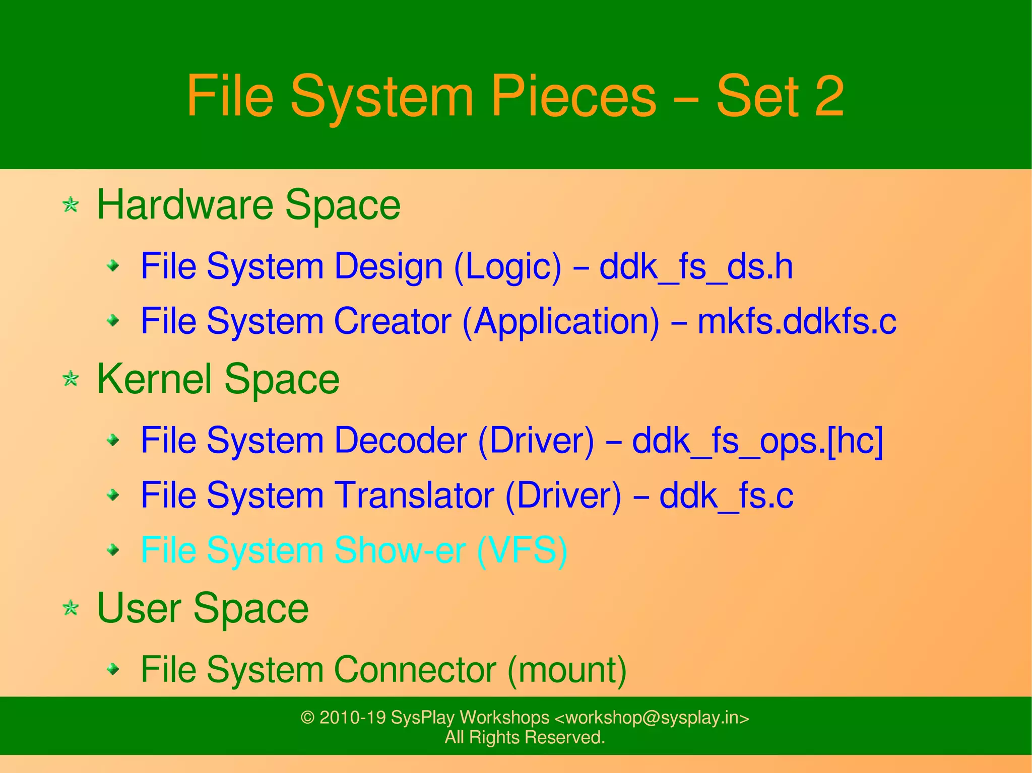 © 2010-19 SysPlay Workshops <workshop@sysplay.in>
All Rights Reserved.
File System Pieces – Set 2
Hardware Space
File System Design (Logic) – ddk_fs_ds.h
File System Creator (Application) – mkfs.ddkfs.c
Kernel Space
File System Decoder (Driver) – ddk_fs_ops.[hc]
File System Translator (Driver) – ddk_fs.c
File System Show-er (VFS)
User Space
File System Connector (mount)
 