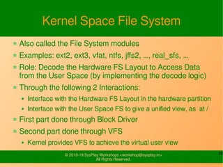 20© 2010-19 SysPlay Workshops <workshop@sysplay.in>
All Rights Reserved.
Kernel Space File System
Also called the File System modules
Examples: ext2, ext3, vfat, ntfs, jffs2, …, real_sfs, ...
Role: Decode the Hardware FS Layout to Access Data
from the User Space (by implementing the decode logic)
Through the following 2 Interactions:
Interface with the Hardware FS Layout in the hardware partition
Interface with the User Space FS to give a unified view, as at /
First part done through Block Driver
Second part done through VFS
Kernel provides VFS to achieve the virtual user view
 