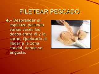 FILETEAR PESCADO 4.-  Desprender el espinazo pasando varias veces los dedos entre él y la carne. Quebrarlo al llegar a la zona caudal, donde se angosta.  