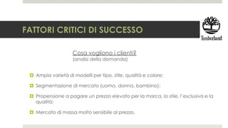 FATTORI CRITICI DI SUCCESSO
Cosa vogliono i clienti?
(analisi della domanda)
 Ampia varietà di modelli per tipo, stile, qualità e colore;
 Segmentazione di mercato (uomo, donna, bambino);
 Propensione a pagare un prezzo elevato per la marca, lo stile, l’esclusiva e la
qualità;
 Mercato di massa molto sensibile al prezzo.
 