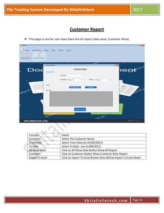 P
S h i t a l i n f o t e c h . c o m
File Tracking System Developed By ShitalInfotech 2017
S h i t a l i n f o t e c h . c o m Page 16
Customer Report
 This page is use for user have Seen the all report (date wise, Customer Wise).
Function Detail
Customer Select The Customer Name.
From Date Select From Date.(ex-01/09/2017)
To Date Select To Date. .(ex-31/09/2017)
All Show Data Click on All Show Data Button Show All Report.
Customer Click on Customer Button Show Customer Wise Report.
Export To Excel Click on Export To Excel Button Data Will be Export To Excel Sheet.
 