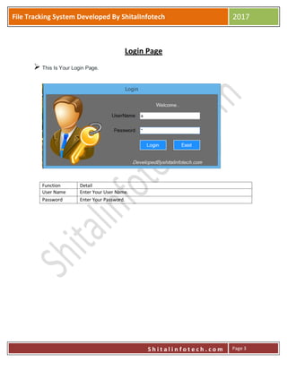P
S h i t a l i n f o t e c h . c o m
File Tracking System Developed By ShitalInfotech 2017
S h i t a l i n f o t e c h . c o m Page 3
Login Page
 This Is Your Login Page.
Function Detail
User Name Enter Your User Name.
Password Enter Your Password.
 