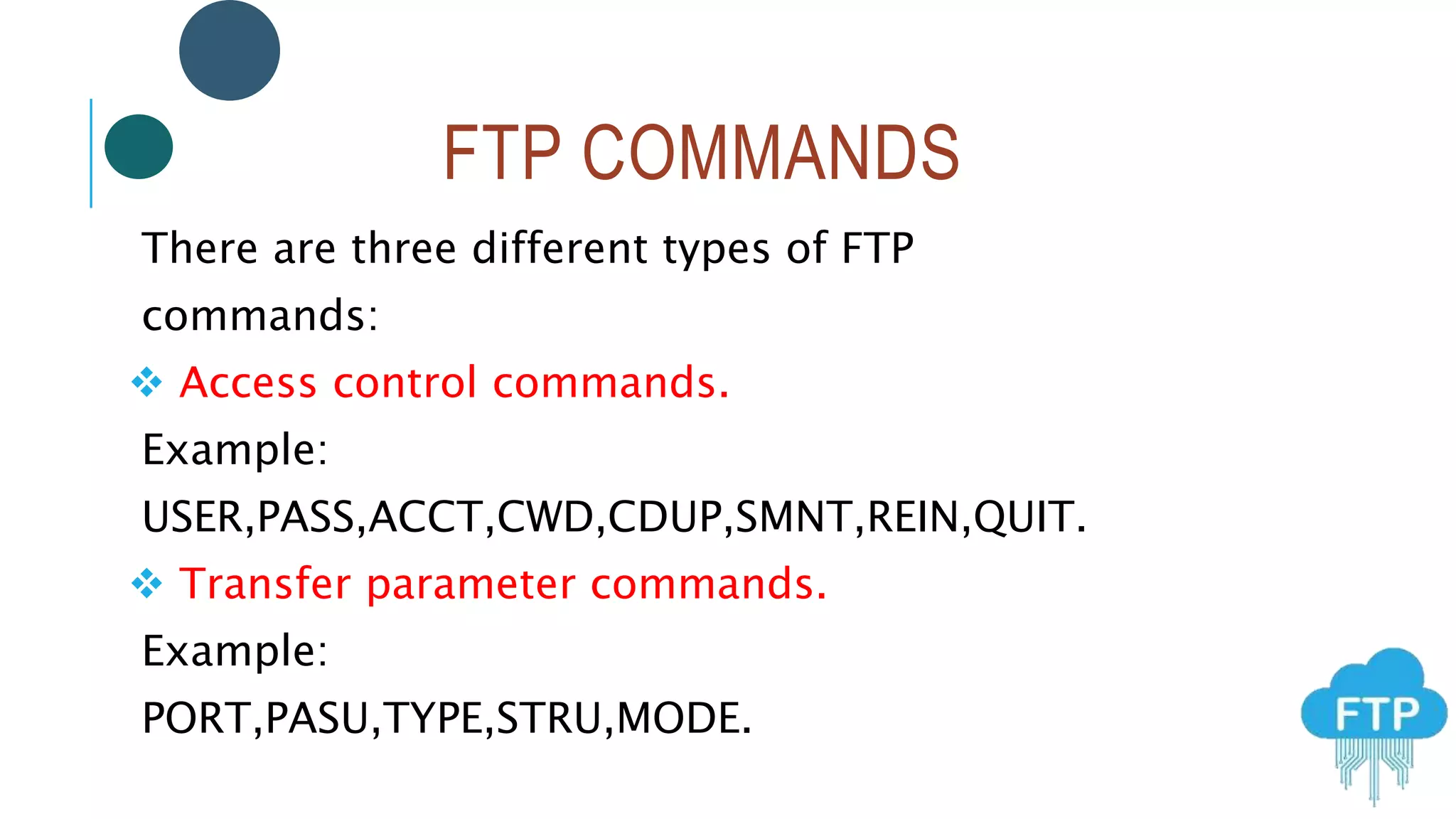 FTP COMMANDS
There are three different types of FTP
commands:
 Access control commands.
Example:
USER,PASS,ACCT,CWD,CDUP,SMNT,REIN,QUIT.
 Transfer parameter commands.
Example:
PORT,PASU,TYPE,STRU,MODE.
 
