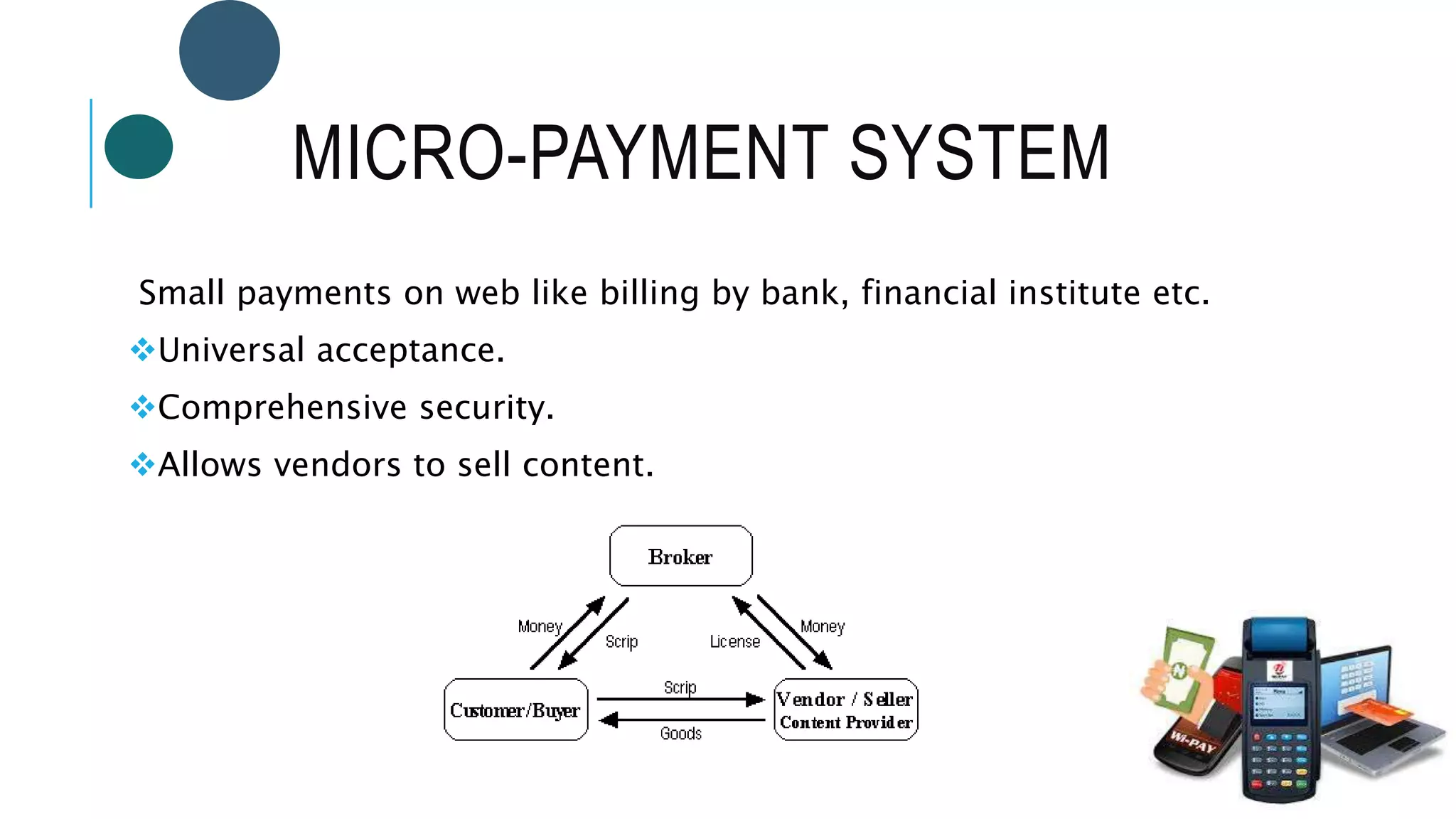 MICRO-PAYMENT SYSTEM
Small payments on web like billing by bank, financial institute etc.
Universal acceptance.
Comprehensive security.
Allows vendors to sell content.
 