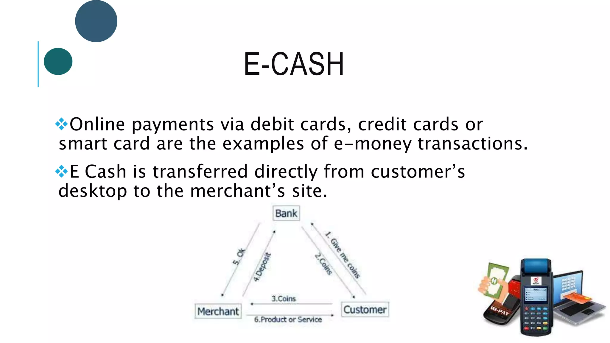 E-CASH
Online payments via debit cards, credit cards or
smart card are the examples of e-money transactions.
E Cash is transferred directly from customer’s
desktop to the merchant’s site.
 