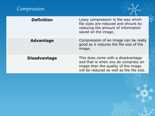 Compression
Definition Lossy compression is the way which
file sizes are reduced and shrunk by
reducing the amount of information
saved on the image.
Advantage Compression of an image can be really
good as it reduces the file size of the
image.
Disadvantage This does come with a disadvantage
and that is when you do compress an
image then the quality of the image
will be reduced as well as the file size.
 