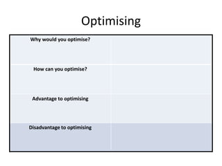 Optimising
Why would you optimise?
How can you optimise?
Advantage to optimising
Disadvantage to optimising
 