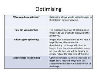 Optimising
Why would you optimise? Optimising allows you to upload images to
the internet for easy viewing.
How can you optimise? The most common way of optimising an
image is to use a website that will do the
job for you
Advantage to optimising Images that are not optimised will have a
large file size, this means that
downloading this image will take a lot
longer. If you feature an optimised image
on your site then you will be helping to
greatly reduce the load time of that site.
Disadvantage to optimising Optimised images will have a reduced bit
depth and a reduced image size, this
subsequently will reduce the resolution of
the image.
 