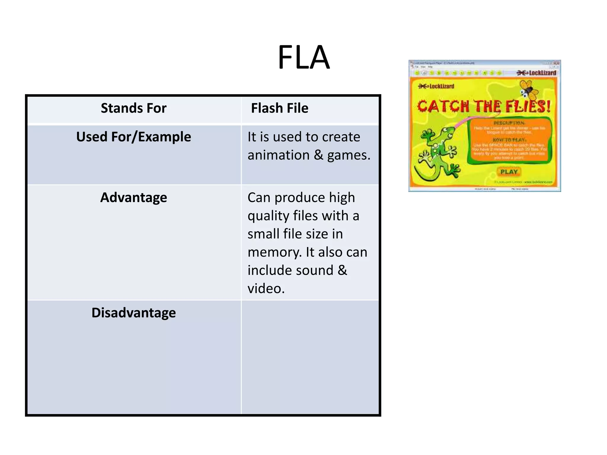 FLA 
Stands For Flash File 
Used For/Example It is used to create 
animation & games. 
Advantage Can produce high 
quality files with a 
small file size in 
memory. It also can 
include sound & 
video. 
Disadvantage 
 