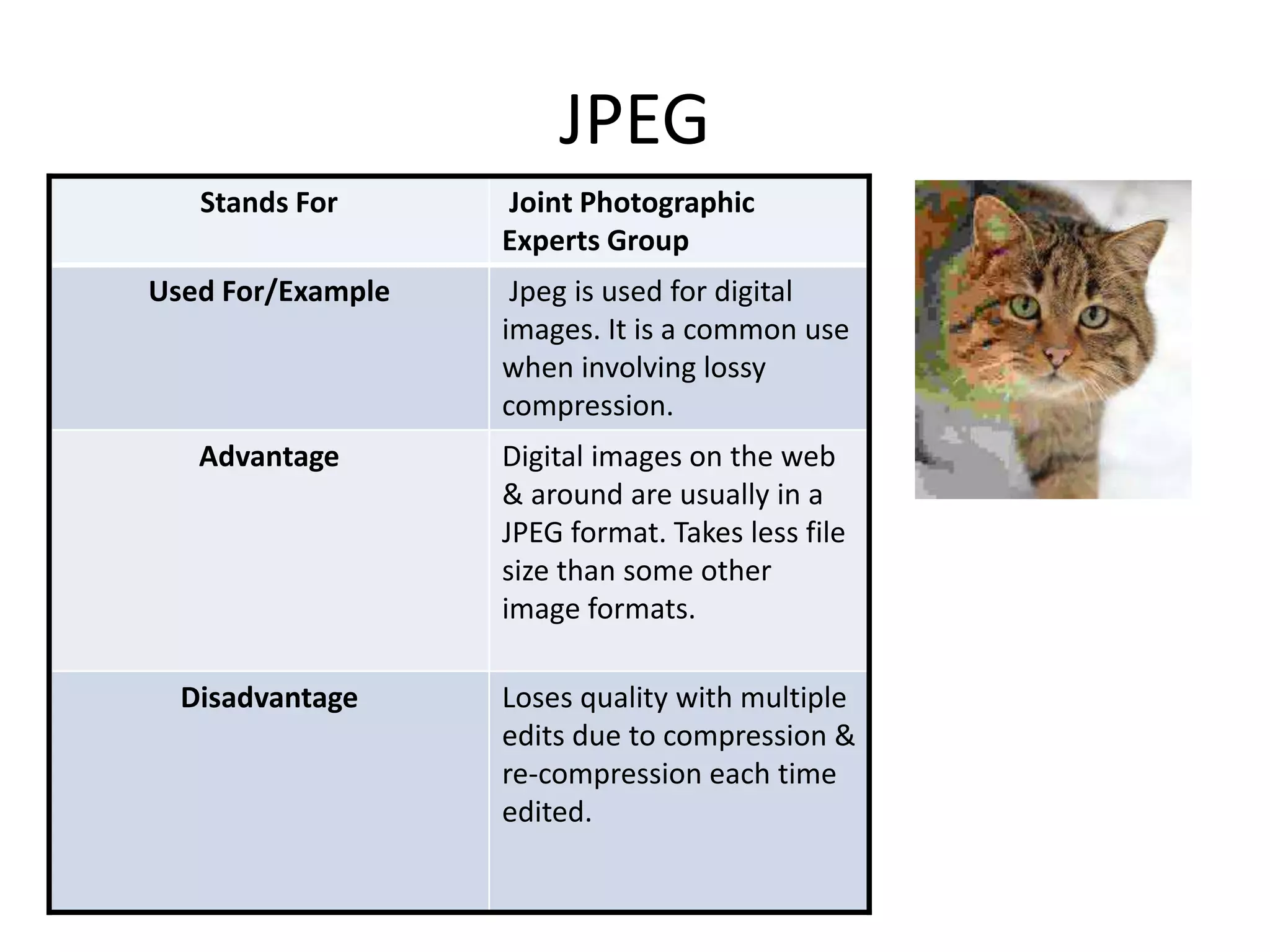JPEG 
Stands For Joint Photographic 
Experts Group 
Used For/Example Jpeg is used for digital 
images. It is a common use 
when involving lossy 
compression. 
Advantage Digital images on the web 
& around are usually in a 
JPEG format. Takes less file 
size than some other 
image formats. 
Disadvantage Loses quality with multiple 
edits due to compression & 
re-compression each time 
edited. 
 