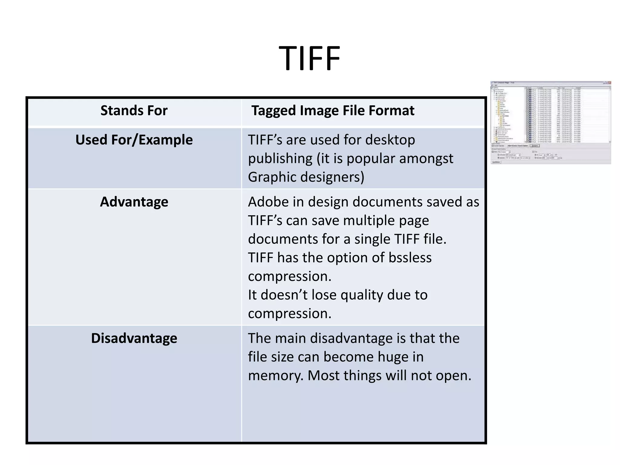 TIFF 
Stands For Tagged Image File Format 
Used For/Example TIFF’s are used for desktop 
publishing (it is popular amongst 
Graphic designers) 
Advantage Adobe in design documents saved as 
TIFF’s can save multiple page 
documents for a single TIFF file. 
TIFF has the option of bssless 
compression. 
It doesn’t lose quality due to 
compression. 
Disadvantage The main disadvantage is that the 
file size can become huge in 
memory. Most things will not open. 
 