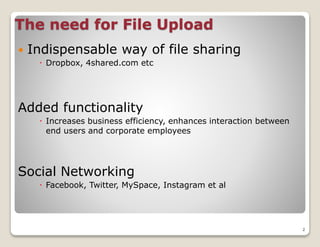 The need for File Upload


Indispensable way of file sharing
 Dropbox, 4shared.com etc

Added functionality
 Increases business efficiency, enhances interaction between
end users and corporate employees

Social Networking
 Facebook, Twitter, MySpace, Instagram et al

2

 