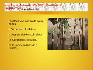 XoséFilgueiraValverde(1906-1996). Obraliteraria
NARRATIVA:: quintana vivaquintana viva
Quintana viva consta de catro
partes:
I. Os nenos (17 relatos).
II. Artistas aldeáns (13 relatos).
III. Obradoiro (4 relatos).
IV. Os nomeandeiros (16
relatos).
 