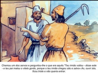 Chamou um dos servos e perguntou-lhe o que era aquilo."Teu irmão voltou - disse este - e teu pai matou o vitelo gordo, porque o teu irmão chegou são e salvo».Ao, ouvir isto, ficou triste e não queria entrar. 
