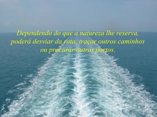 Dependendo do que a natureza lhe reserva, poderá desviar da rota, traçar outros caminhos ou procurar outros portos. 