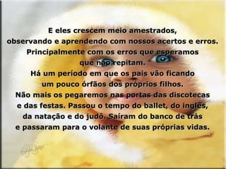 E eles crescem meio amestrados, observando e aprendendo com nossos acertos e erros. Principalmente com os erros que esperamos que não repitam. Há um período em que os pais vão ficando um pouco órfãos dos próprios filhos. Não mais os pegaremos nas portas das discotecas e das festas. Passou o tempo do ballet, do inglês, da natação e do judô. Saíram do banco de trás e passaram para o volante de suas próprias vidas. 