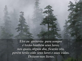 Eles os quererão para sempreEles os quererão para sempre
e terão também seus lares,e terão também seus lares,
nos quais, algum dia, ficarão sós,nos quais, algum dia, ficarão sós,
porém terão sido seus lares e suas vidas.porém terão sido seus lares e suas vidas.
Deixem-nos livres.Deixem-nos livres.
 