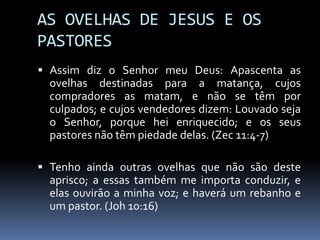 AS OVELHAS DE JESUS E OS
PASTORES
 Assim diz o Senhor meu Deus: Apascenta as
  ovelhas destinadas para a matança, cujos
  compradores as matam, e não se têm por
  culpados; e cujos vendedores dizem: Louvado seja
  o Senhor, porque hei enriquecido; e os seus
  pastores não têm piedade delas. (Zec 11:4-7)

 Tenho ainda outras ovelhas que não são deste
  aprisco; a essas também me importa conduzir, e
  elas ouvirão a minha voz; e haverá um rebanho e
  um pastor. (Joh 10:16)
 