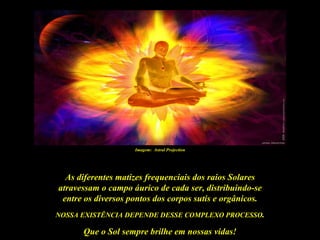 Imagem: Astral Projection




  As diferentes matizes frequenciais dos raios Solares
atravessam o campo áurico de cada ser, distribuindo-se
 entre os diversos pontos dos corpos sutis e orgânicos.
NOSSA EXISTÊNCIA DEPENDE DESSE COMPLEXO PROCESSO.

      Que o Sol sempre brilhe em nossas vidas!
 