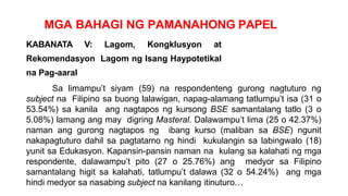 MGA BAHAGI NG PAMANAHONG PAPEL
KABANATA V: Lagom, Kongklusyon at
Rekomendasyon Lagom ng Isang Haypotetikal
na Pag-aaral
Sa limampu’t siyam (59) na respondenteng gurong nagtuturo ng
subject na Filipino sa buong lalawigan, napag-alamang tatlumpu’t isa (31 o
53.54%) sa kanila ang nagtapos ng kursong BSE samantalang tatlo (3 o
5.08%) lamang ang may digring Masteral. Dalawampu’t lima (25 o 42.37%)
naman ang gurong nagtapos ng ibang kurso (maliban sa BSE) ngunit
nakapagtuturo dahil sa pagtatamo ng hindi kukulangin sa labingwalo (18)
yunit sa Edukasyon. Kapansin-pansin naman na kulang sa kalahati ng mga
respondente, dalawampu’t pito (27 o 25.76%) ang medyor sa Filipino
samantalang higit sa kalahati, tatlumpu’t dalawa (32 o 54.24%) ang mga
hindi medyor sa nasabing subject na kanilang itinuturo…
 
