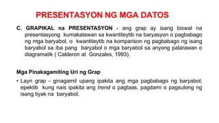 PRESENTASYON NG MGA DATOS
C. GRAPIKAL na PRESENTASYON - ang grap ay isang biswal na
presentasyong kumakatawan sa kwantiteytib na baryasyon o pagbabago
ng mga baryabol, o kwantiteytib na komparison ng pagbabago ng isang
baryabol sa iba pang baryabol o mga baryabol sa anyong palarawan o
diagramatik ( Calderon at Gonzales, 1993).
Mga Pinakagamiting Uri ng Grap
• Layn grap - ginagamit upang ipakita ang mga pagbabago ng baryabol;
epektib kung nais ipakita ang trend o pagtaas, pagdami o pagsulong ng
isang tiyak na baryabol.
 