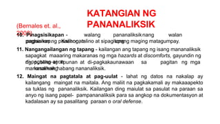KATANGIAN NG
PANANALIKSIK
(Bernales et. al.,
2008)
10. Pinagsisikapan - walang pananaliksiknang walan
pagsisikap. Kailangan itong
paglaanan ng panahon, talino at sipag upang maging matagumpay.
11. Nangangailangan ng tapang - kailangan ang tapang ng isang mananaliksik
sapagkat maaaring makaranas ng mga hazards at discomforts, gayundin ng
di-pagsang-ayon
ng publiko at lipunan at di-pagkakaunawaan sa pagitan ng mga
kasamang
mananaliksik habang nananaliksik.
12. Maingat na pagtatala at pag-uulat - lahat ng datos na nakalap ay
kailangang maingat na maitala. Ang maliit na pagkakamali ay makaaapekto
sa tuklas ng pananaliksik. Kailangan ding maiulat sa pasulat na paraan sa
anyo ng isang papel- pampananaliksik para sa angkop na dokumentasyon at
kadalasan ay sa pasalitang paraan o oral defense.
 