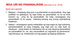MGA URI NG PANANALIKSIK (Bernales et al., 2018)
Ayon sa Layunin
1. Batayan – tinatawag ding puro o pundamental na pananaliksik. Ang mga
praktikal na aplikasyon ng mga tuklas sa pananaliksik na ito ay hindi
konsern ng uring ito ng pananaliksik. Sa halip, isinasagawa ang
pananaliksik na ito upang malinang lamang ang buong siyentipikong
kaalaman.
2. Aplayd – isinasagawa upang makatuklas ng mga sagot sa mga suliraning
pampananaliksik at nang maiaplay ang mga iyon sa mga tiyak na
sitwasyon. Isang tipikal na halimbawa nito ay ang aksyong pananaliksik
sa pananaliksik na ito, ang mananaliksik ay nag-aaral ng penomenon,
nag-iintrodyus ng interbensyon at nag-aaplay ng bagong kaalaman.
 