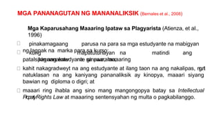 MGA PANANAGUTAN NG MANANALIKSIK (Bernales et al., 2008)
Mga Kaparusahang Maaaring Ipataw sa Plagyarista (Atienza, et al.,
1996)
pinakamagaang parusa na para sa mga estudyante na mabigyan
ng lagpak na marka para sa kurso;
kung mapatutunayan na matindi ang
pagnanakaw na ginawa, maaaring
patalsikin ang estudyante sa paaralan;
kahit nakagradweyt na ang estudyante at ilang taon na ang nakalipas, n
g
u
n
i
t
natuklasan na ang kaniyang pananaliksik ay kinopya, maaari siyang
bawian ng diploma o digri; at
maaari ring ihabla ang sino mang mangongopya batay sa Intellectual
PropertyRights Law at maaaring sentensyahan ng multa o pagkabilanggo.
 